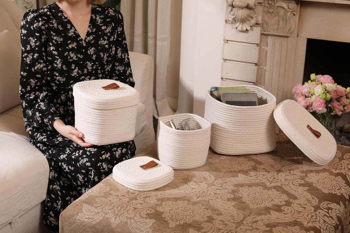 Set of 3 Nesting Woven Storage Baskets with Lids, Cotton Rope Decorative Basket Set for Shelf Closet Living Room Organizing, Square Off White