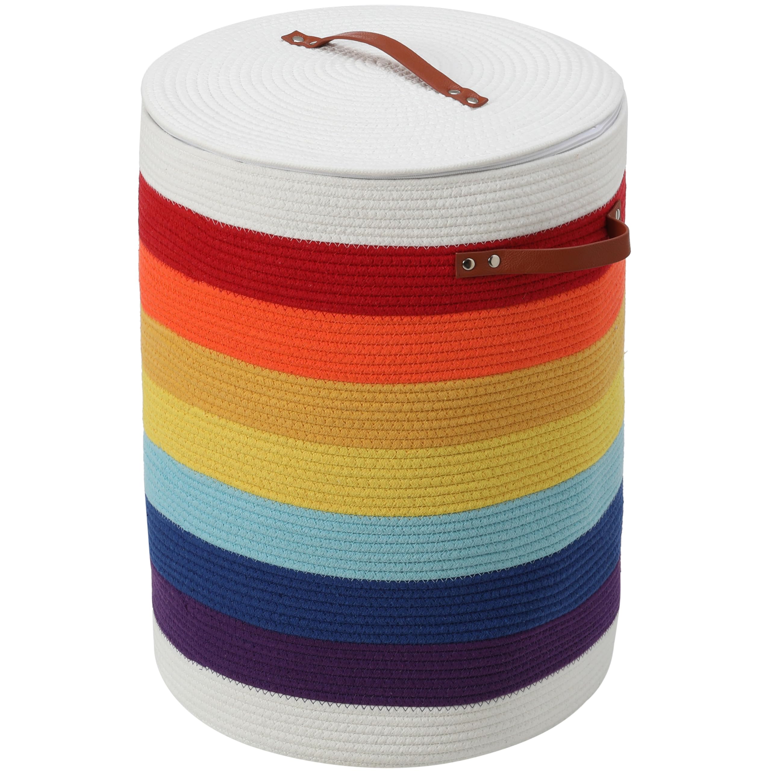 16"x20" Extra Large Cotton Rope Basket with Zipper Lid, Woven Laundry Hamper and Blanket Storage Basket, Round Clothes Bin for Living Room Bedroom, Rainbow & White