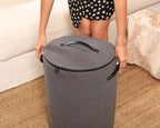 16"x20" Extra Large Cotton Rope Basket with Zipper Lid, Woven Laundry Hamper and Blanket Storage Basket, Round Clothes Bin for Living Room Bedroom, Dark Grey
