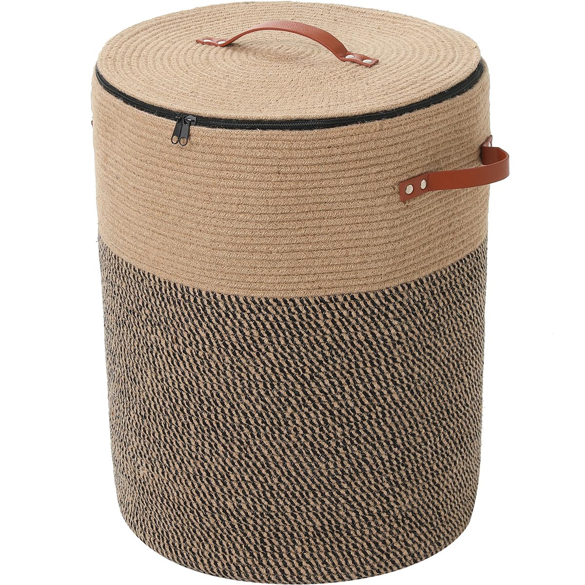 16"x20" Extra Large Cotton Rope Basket with Zipper Lid, Woven Laundry Hamper and Blanket Storage Basket, Round Clothes Bin for Living Room Bedroom, Jute & Black Mix