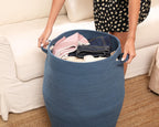 26"x20" Extra Large Tall Woven Laundry Basket with Lid, Cotton Rope Blanket Storage Basket, Freestanding Decorative Bin for Bedroom Living Room, Denim Blue