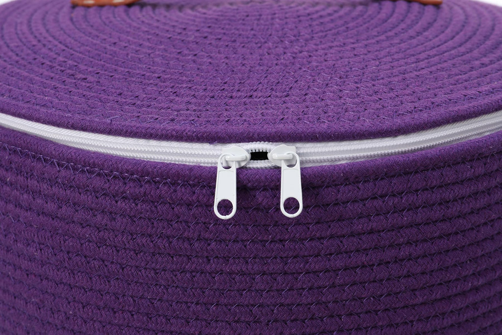16"x20" Extra Large Cotton Rope Basket with Zipper Lid, Woven Laundry Hamper and Blanket Storage Basket, Round Clothes Bin for Living Room Bedroom, Purple