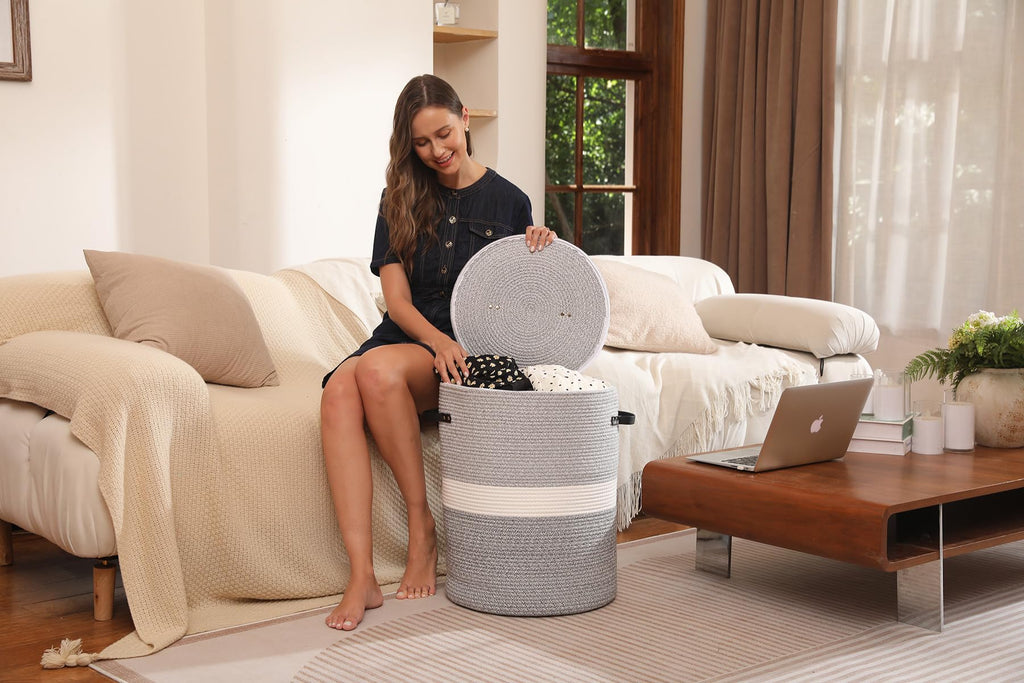 16"x20" Extra Large Cotton Rope Basket with Zipper Lid, Woven Laundry Hamper and Blanket Storage Basket, Round Clothes Bin for Living Room Bedroom, Dual Grey