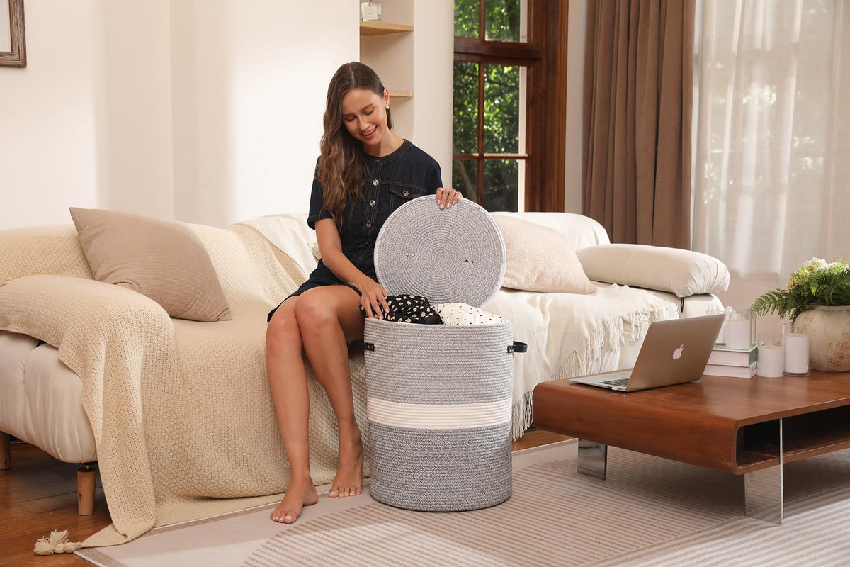 16"x20" Extra Large Cotton Rope Basket with Zipper Lid, Woven Laundry Hamper and Blanket Storage Basket, Round Clothes Bin for Living Room Bedroom, Dual Grey