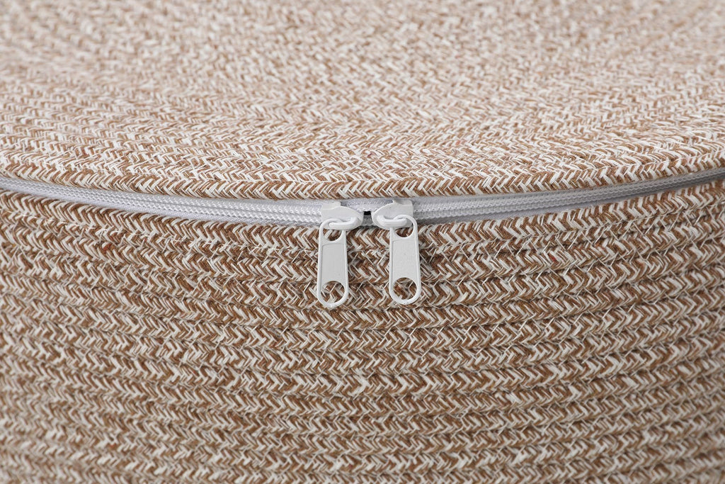 20x15 Inch Extra Large Round Cotton Rope Basket with Zipper Lid, Decorative Woven Storage Bin for Living Room Bedroom Closet, Camel & White Mix