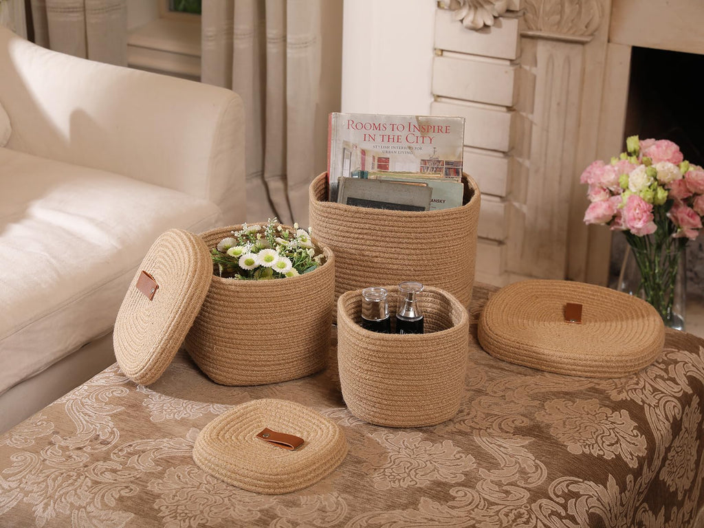 Cottonphant Set of 3 Stylish Rectangular Woven Baskets with Lids - Elegant Storage Solution for Home Decor and Organization, Jute