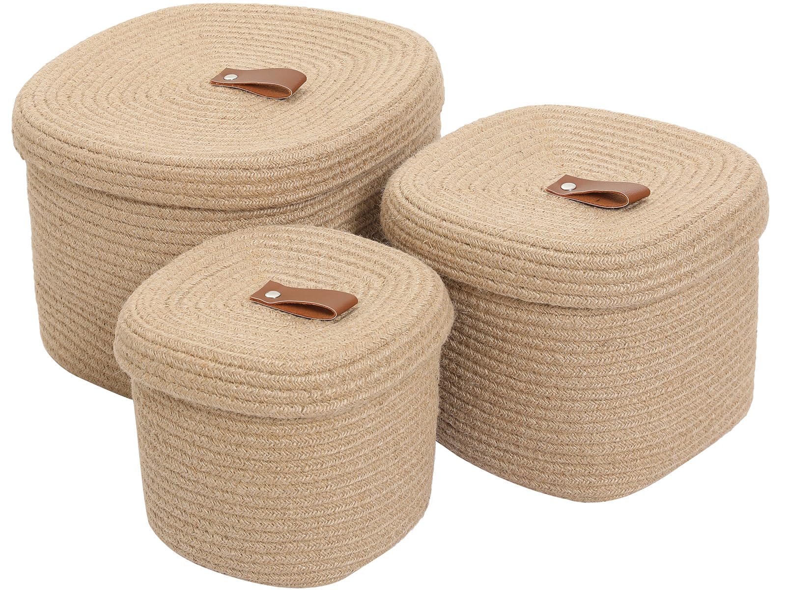 Cottonphant Set of 3 Stylish Rectangular Woven Baskets with Lids - Elegant Storage Solution for Home Decor and Organization, Jute