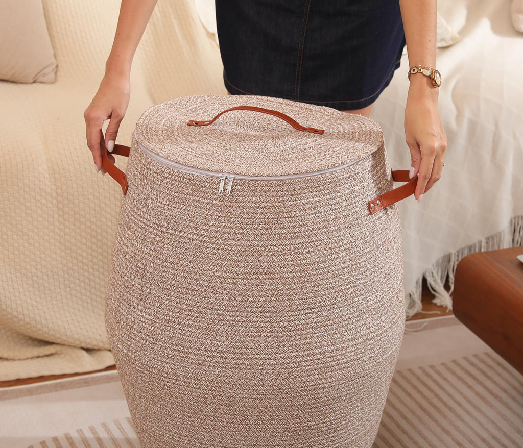 26"x20" Extra Large Tall Woven Laundry Basket with Lid, Cotton Rope Blanket Storage Basket, Freestanding Decorative Bin for Bedroom Living Room, Camel & White Mix