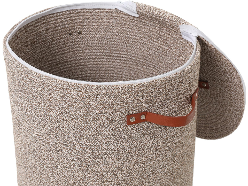 16"x20" Extra Large Cotton Rope Basket with Zipper Lid, Woven Laundry Hamper and Blanket Storage Basket, Round Clothes Bin for Living Room Bedroom, Camel & White Mix