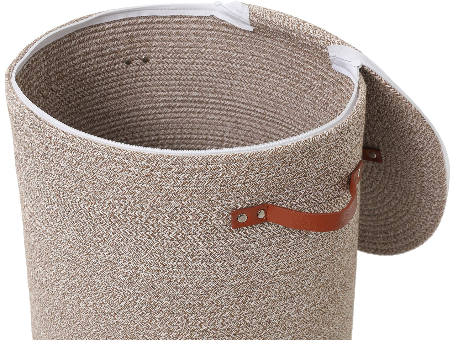16"x20" Extra Large Cotton Rope Basket with Zipper Lid, Woven Laundry Hamper and Blanket Storage Basket, Round Clothes Bin for Living Room Bedroom, Camel & White Mix