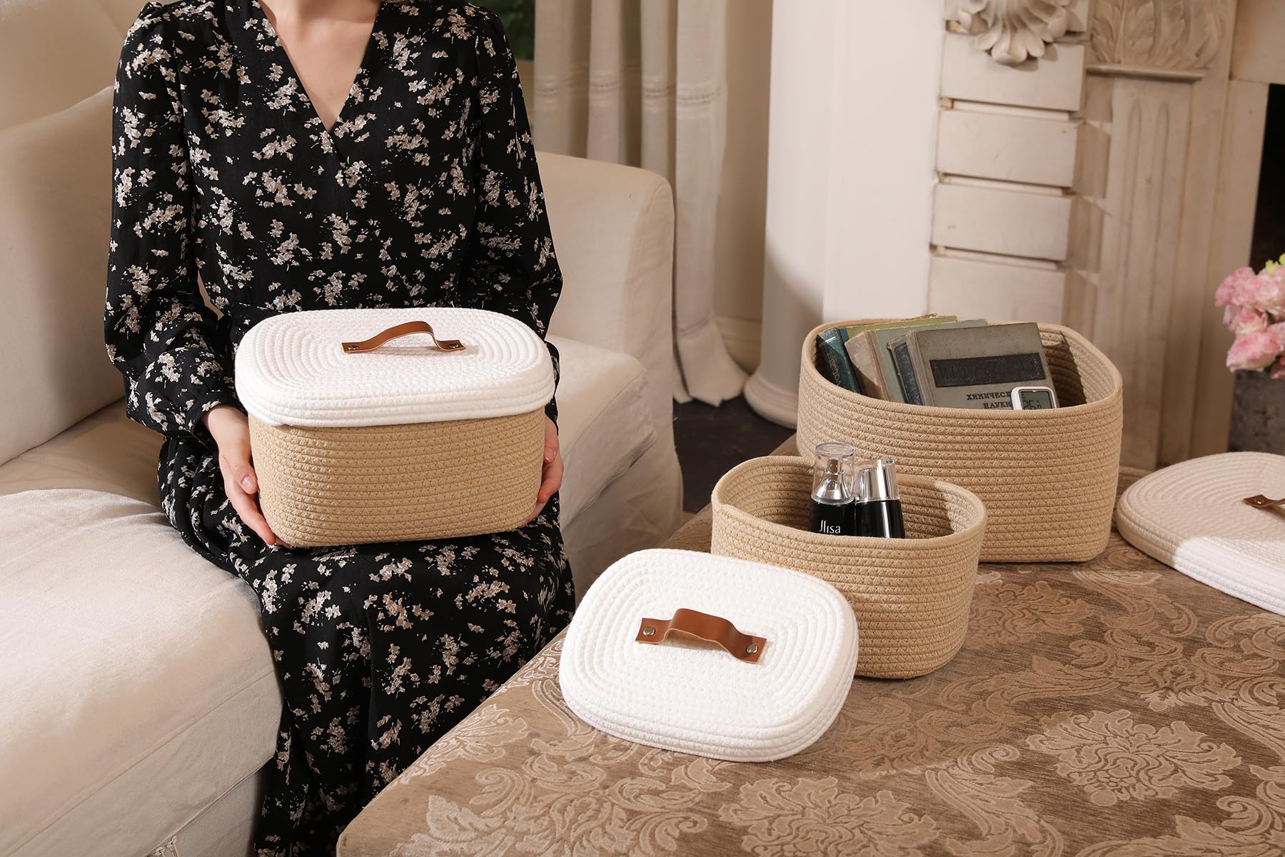 Set of 3 Nesting Woven Storage Baskets with Lids, Cotton Rope Decorative Basket Set for Shelf Closet Living Room Organizing, Rectangular Beige & White