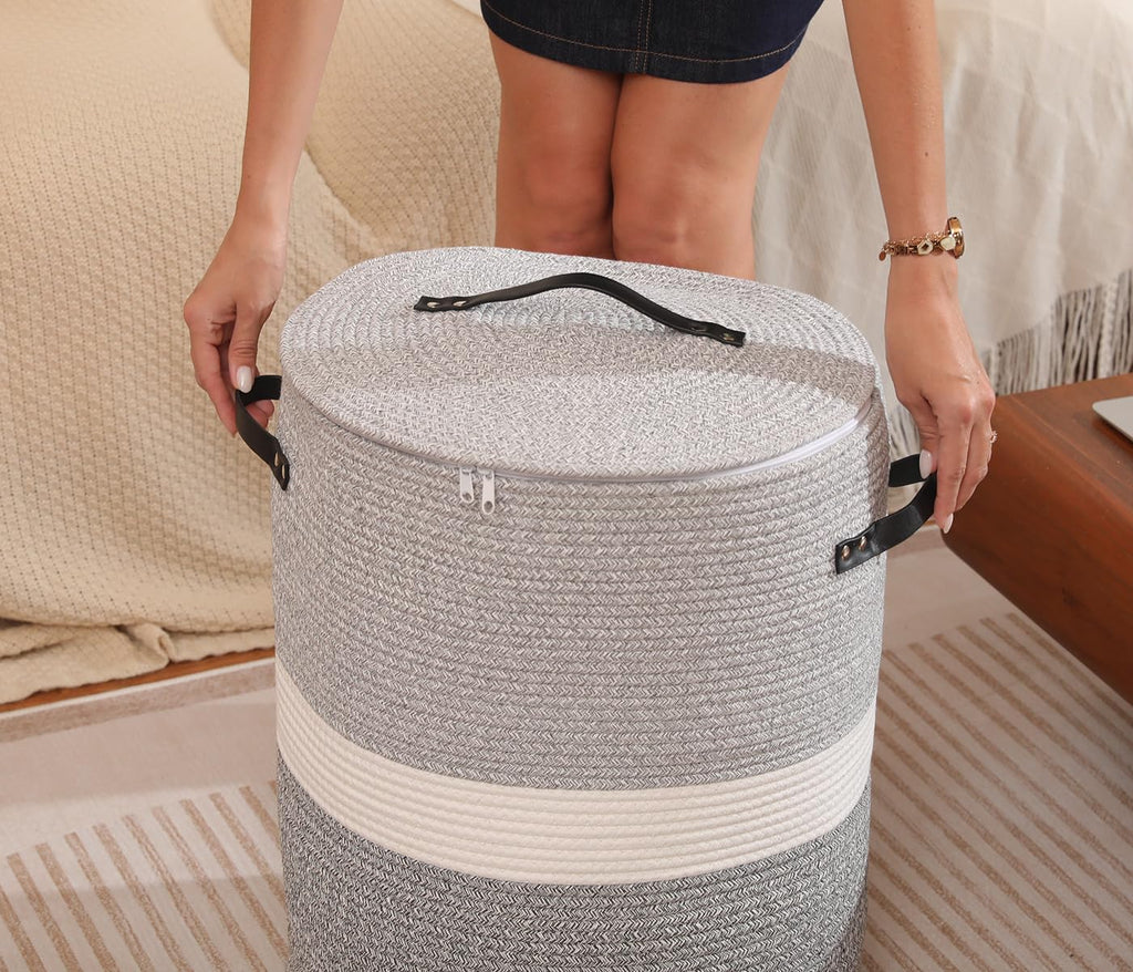16"x20" Extra Large Cotton Rope Basket with Zipper Lid, Woven Laundry Hamper and Blanket Storage Basket, Round Clothes Bin for Living Room Bedroom, Dual Grey
