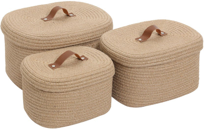 Set of 3 Nesting Woven Storage Baskets with Lids, Cotton Rope Decorative Basket Set for Shelf Closet Living Room Organizing, Rectangular Natural Jute