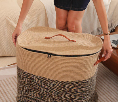 22x14x18 Inch Extra Large Rectangular Cotton Rope Basket with Zipper Lid, Decorative Blanket Storage Chest for Living Room Bedroom, Jute & Black Mix