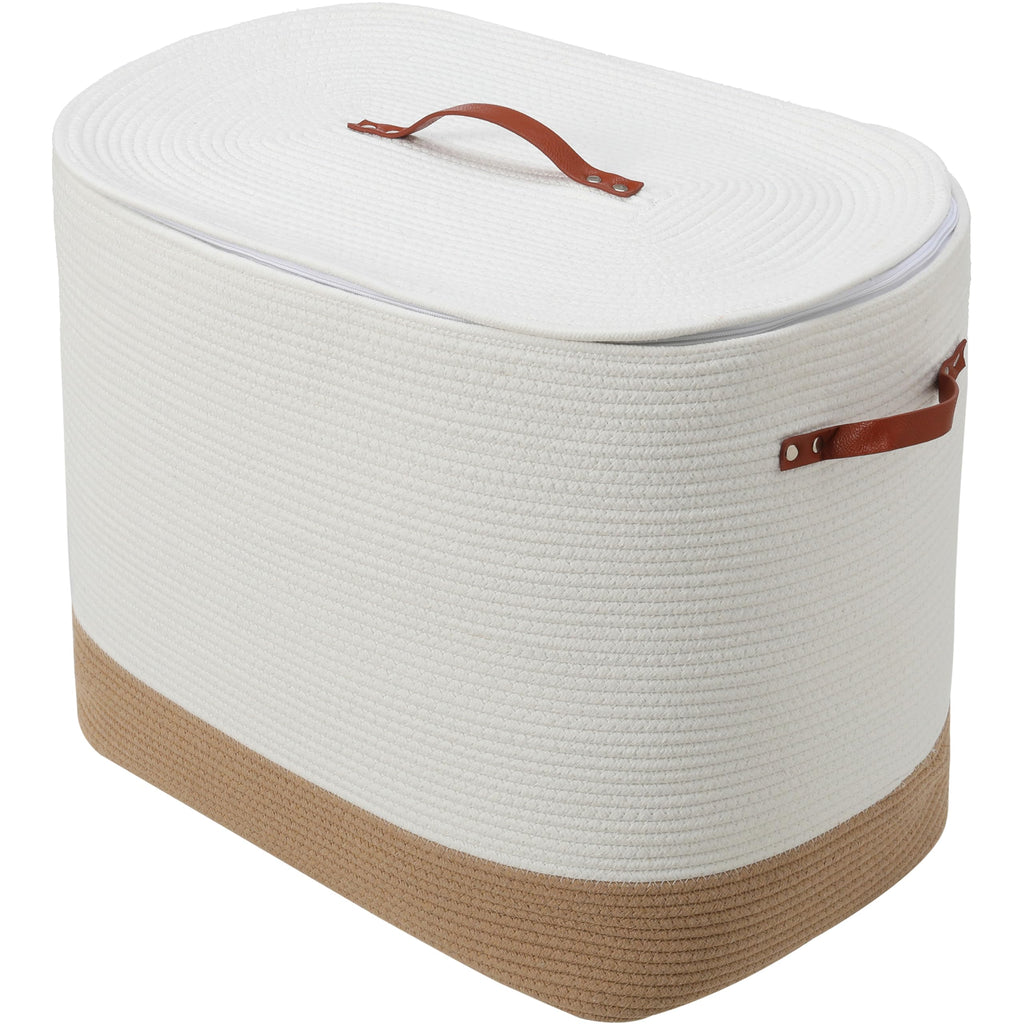 22x14x18 Inch Extra Large Rectangular Cotton Rope Basket with Zipper Lid, Decorative Blanket Storage Chest for Living Room Bedroom, Cream & Camel