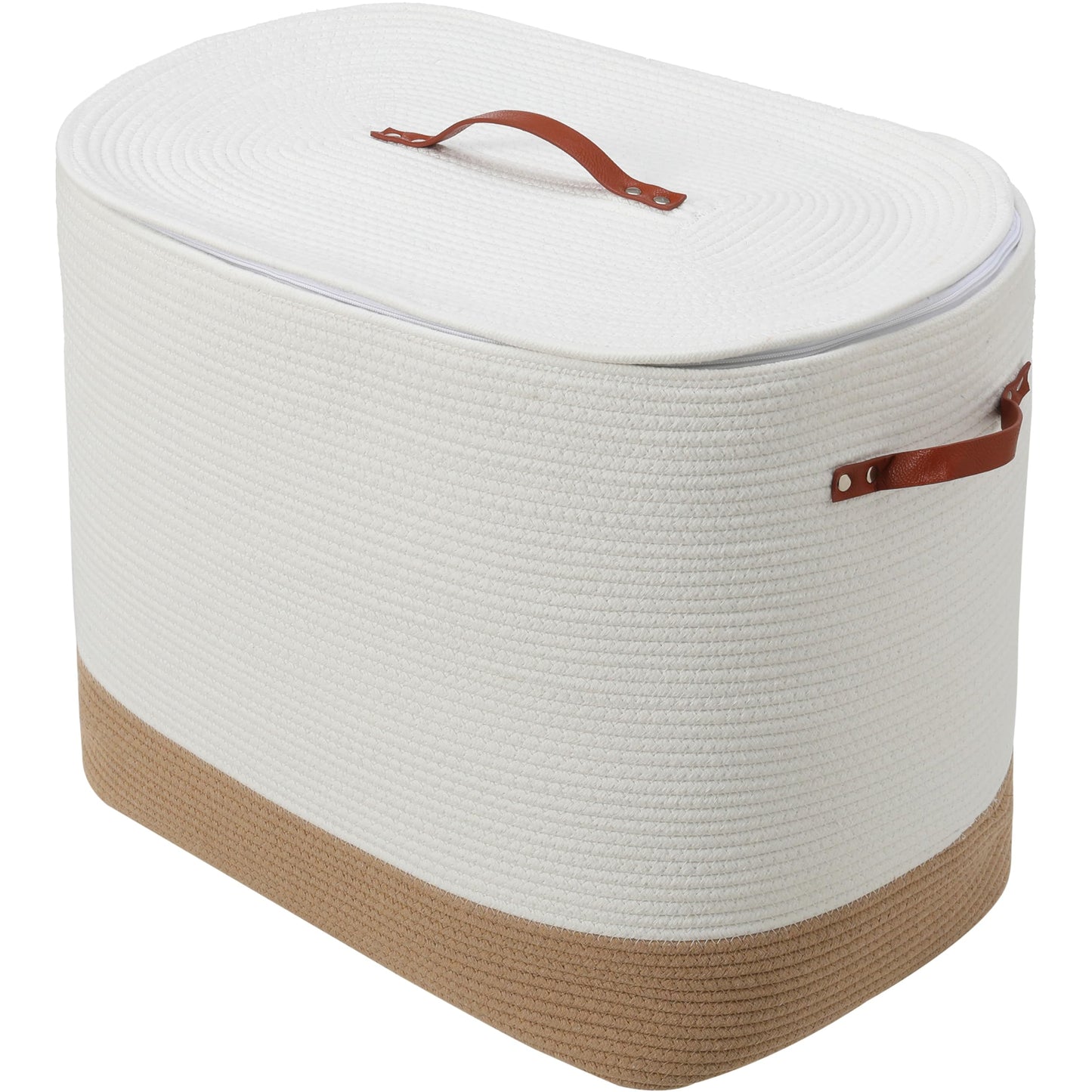 22x14x18 Inch Extra Large Rectangular Cotton Rope Basket with Zipper Lid, Decorative Blanket Storage Chest for Living Room Bedroom, Cream & Camel