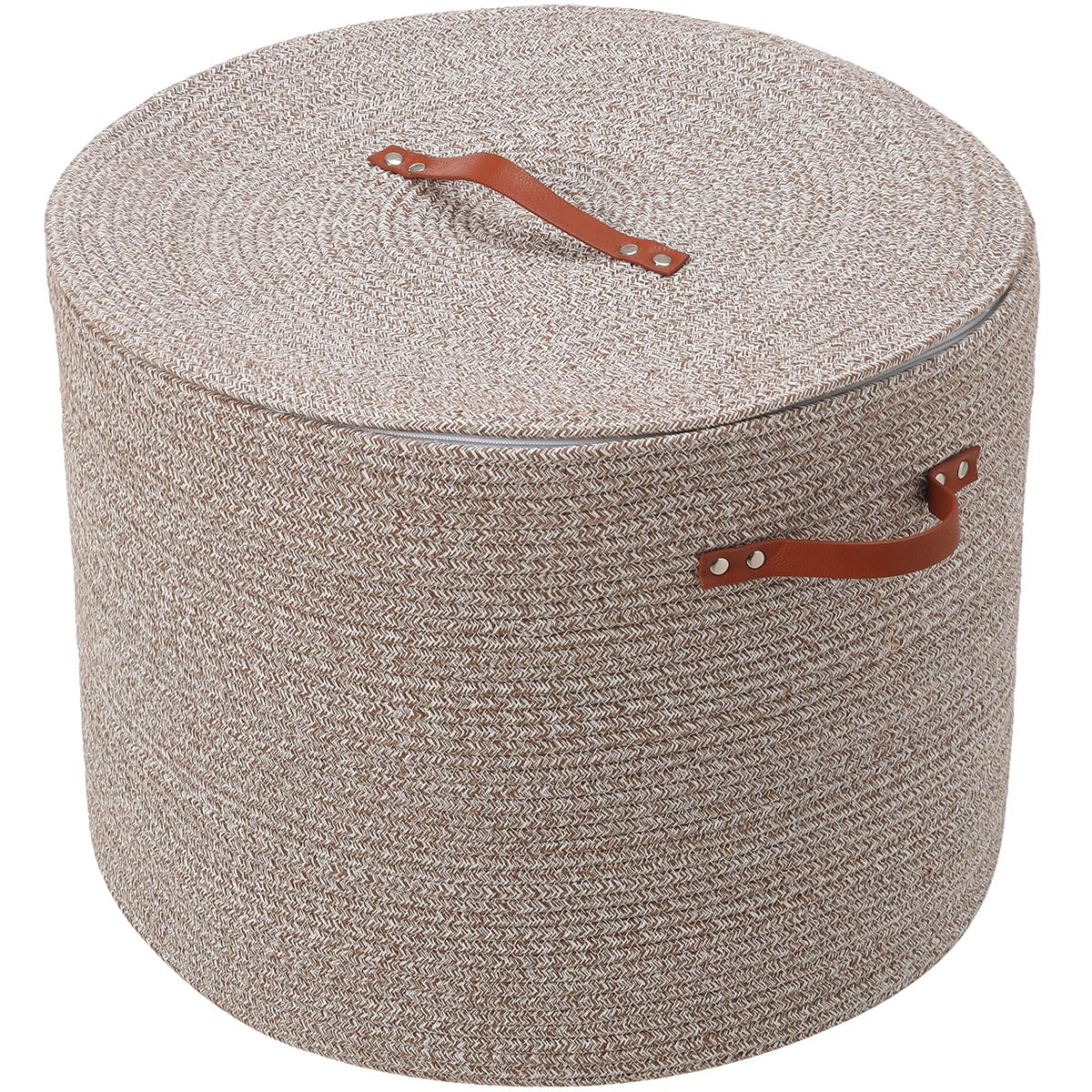 20x15 Inch Extra Large Round Cotton Rope Basket with Zipper Lid, Decorative Woven Storage Bin for Living Room Bedroom Closet, Camel & White Mix
