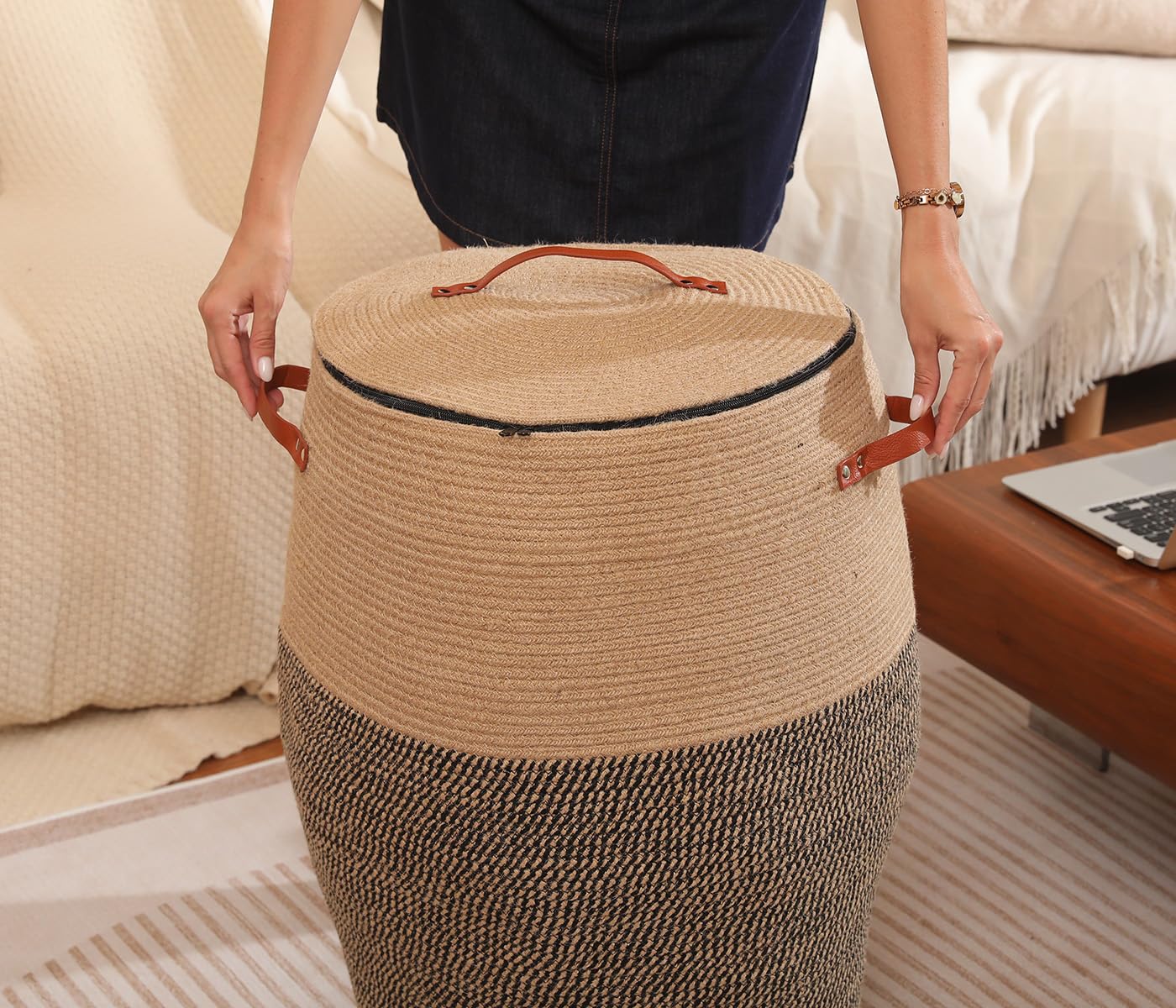 26"x20" Extra Large Tall Woven Laundry Basket with Lid, Cotton Rope Blanket Storage Basket, Freestanding Decorative Bin for Bedroom Living Room, Natural Jute
