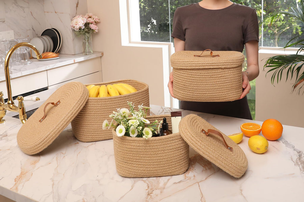 Set of 3 Nesting Woven Storage Baskets with Lids, Cotton Rope Decorative Basket Set for Shelf Closet Living Room Organizing, Rectangular Natural Jute
