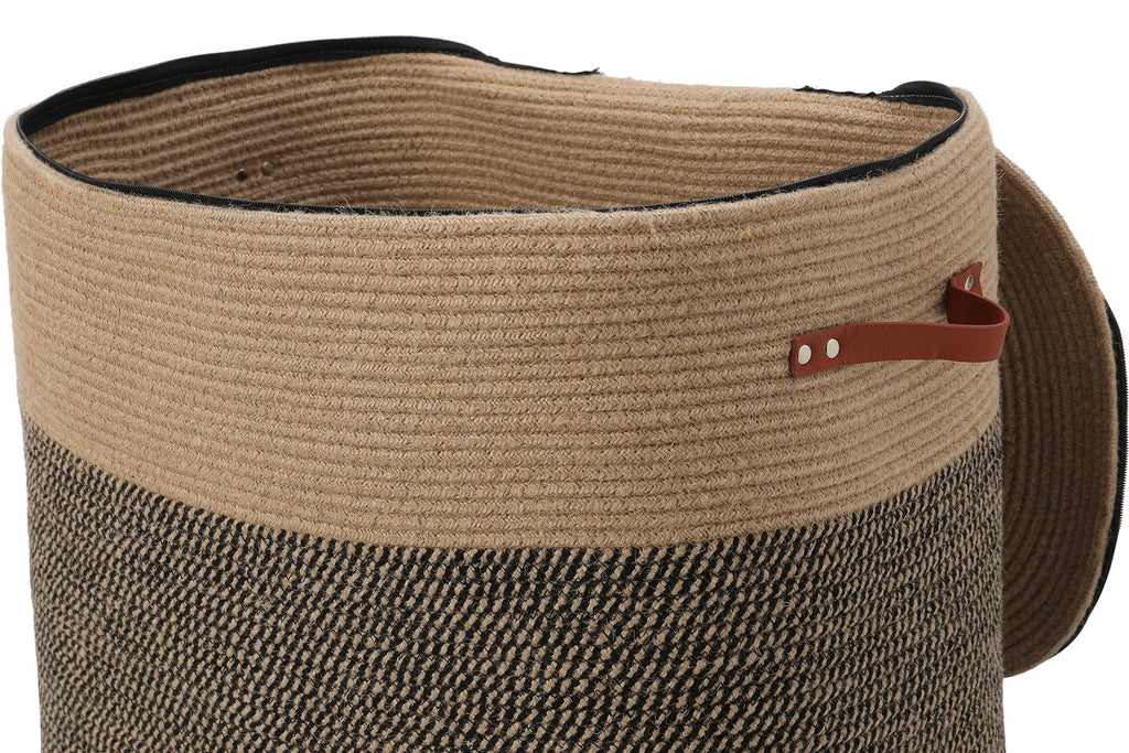 22x14x18 Inch Extra Large Rectangular Cotton Rope Basket with Zipper Lid, Decorative Blanket Storage Chest for Living Room Bedroom, Jute & Black Mix
