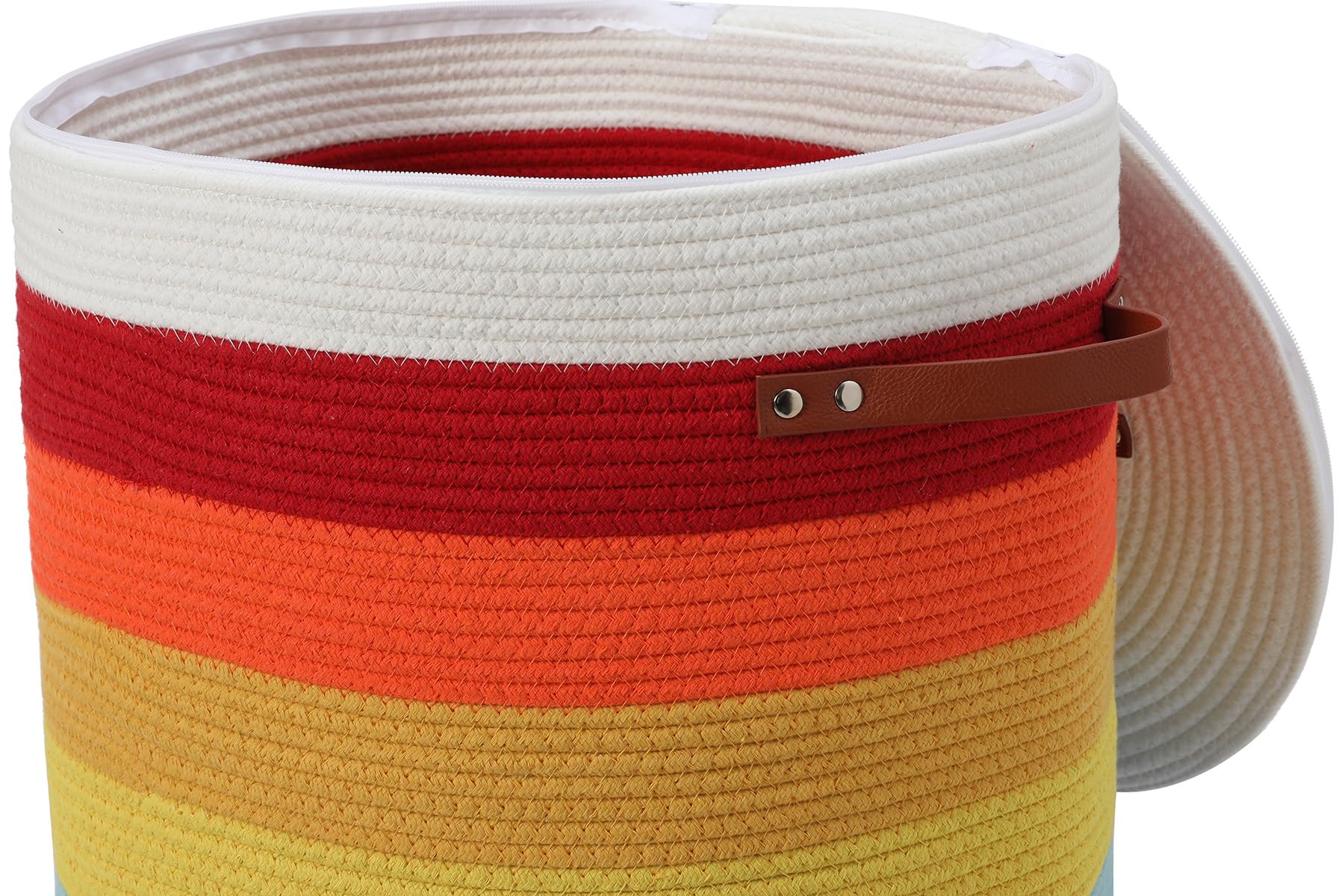 16"x20" Extra Large Cotton Rope Basket with Zipper Lid, Woven Laundry Hamper and Blanket Storage Basket, Round Clothes Bin for Living Room Bedroom, Rainbow & White