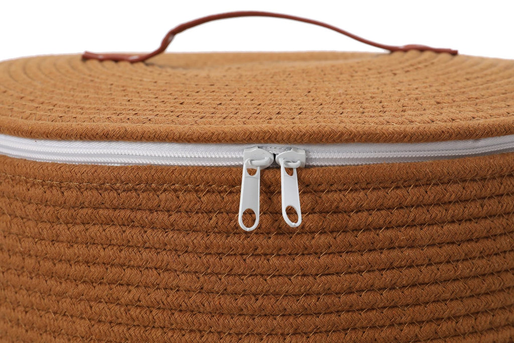 16"x20" Extra Large Cotton Rope Basket with Zipper Lid, Woven Laundry Hamper and Blanket Storage Basket, Round Clothes Bin for Living Room Bedroom, Rust Brown