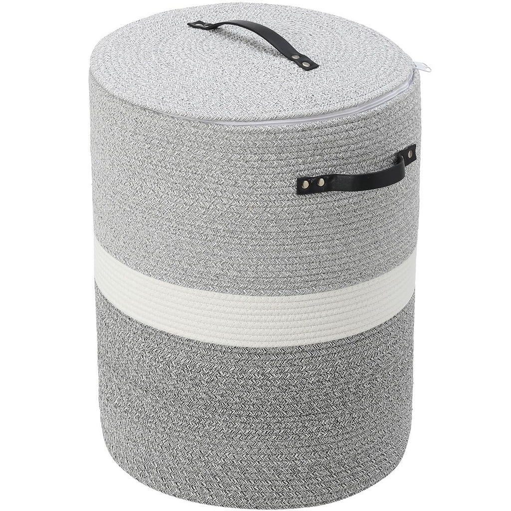 16"x20" Extra Large Cotton Rope Basket with Zipper Lid, Woven Laundry Hamper and Blanket Storage Basket, Round Clothes Bin for Living Room Bedroom, Dual Grey
