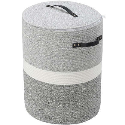 16"x20" Extra Large Cotton Rope Basket with Zipper Lid, Woven Laundry Hamper and Blanket Storage Basket, Round Clothes Bin for Living Room Bedroom, Dual Grey