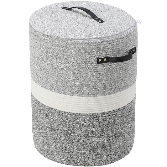 16"x20" Extra Large Cotton Rope Basket with Zipper Lid, Woven Laundry Hamper and Blanket Storage Basket, Round Clothes Bin for Living Room Bedroom, Dual Grey