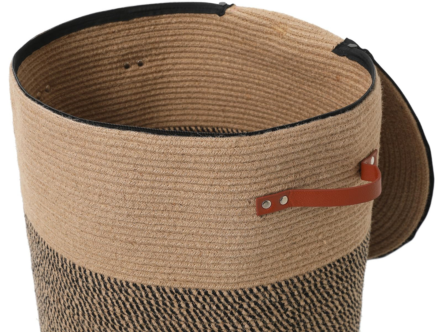 16"x20" Extra Large Cotton Rope Basket with Zipper Lid, Woven Laundry Hamper and Blanket Storage Basket, Round Clothes Bin for Living Room Bedroom, Jute & Black Mix