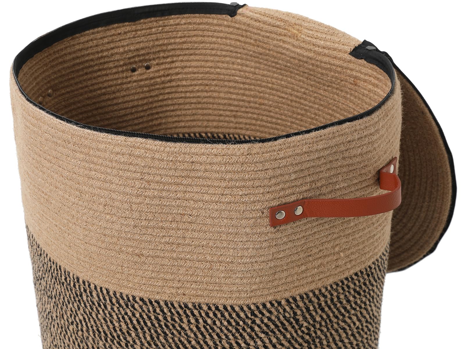 16"x20" Extra Large Cotton Rope Basket with Zipper Lid, Woven Laundry Hamper and Blanket Storage Basket, Round Clothes Bin for Living Room Bedroom, Jute & Black Mix