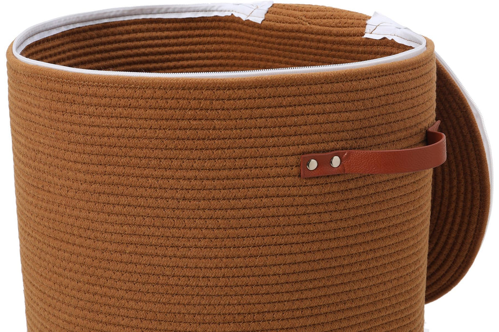 16"x20" Extra Large Cotton Rope Basket with Zipper Lid, Woven Laundry Hamper and Blanket Storage Basket, Round Clothes Bin for Living Room Bedroom, Rust Brown