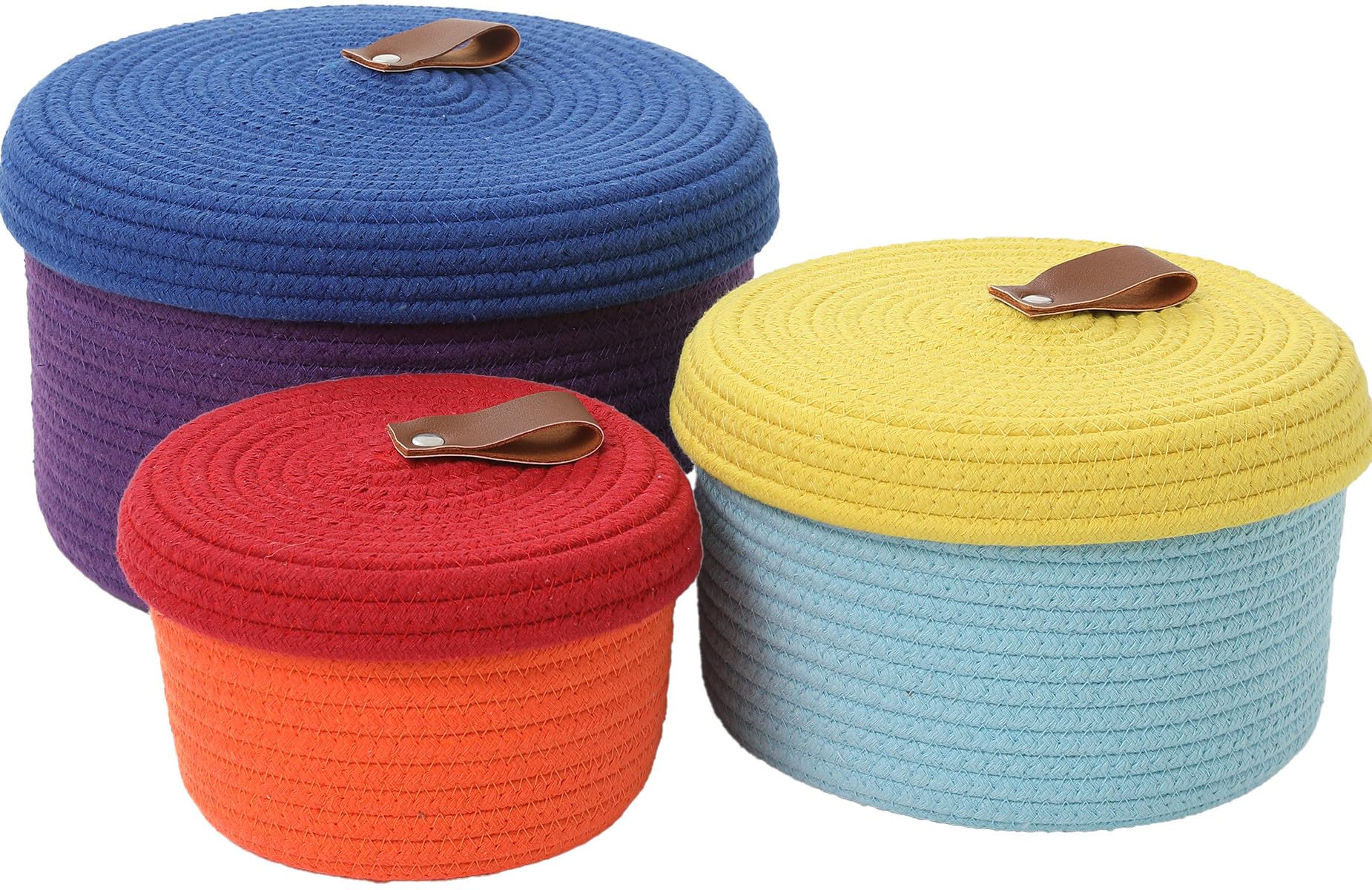 Set of 3 Small Woven Baskets with Lids, Cotton Rope Round Nesting Storage Basket Set for Shelf Nightstand Bathroom, 10x6 8x5 6x4 Inch, Rainbow Multicolor