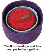 Set of 3 Small Woven Baskets with Lids, Cotton Rope Round Nesting Storage Basket Set for Shelf Nightstand Bathroom, 10x6 8x5 6x4 Inch, Rainbow Multicolor