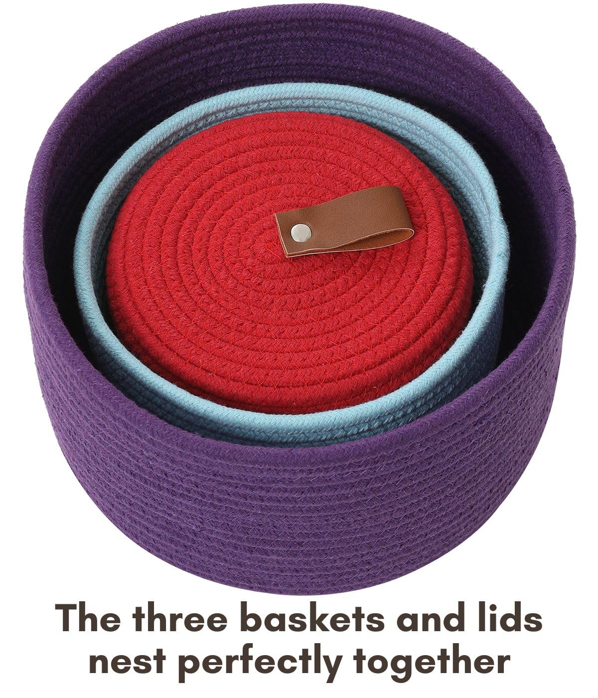 Set of 3 Small Woven Baskets with Lids, Cotton Rope Round Nesting Storage Basket Set for Shelf Nightstand Bathroom, 10x6 8x5 6x4 Inch, Rainbow Multicolor