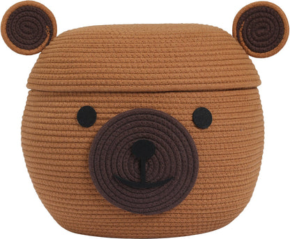 Handcrafted Animal Cotton Rope Basket with Lid | 15"x12", Orange Brown Bear