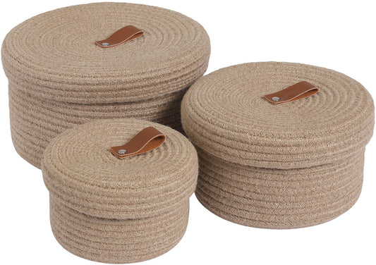 Set of 3 Round Cotton Rope Baskets with Lids - for Home Decor and Organisation, Jute