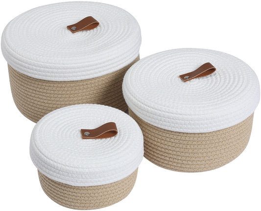 Set of 3 Round Cotton Rope Baskets with Lids - for Home Decor and Organisation, Beige/White Lid