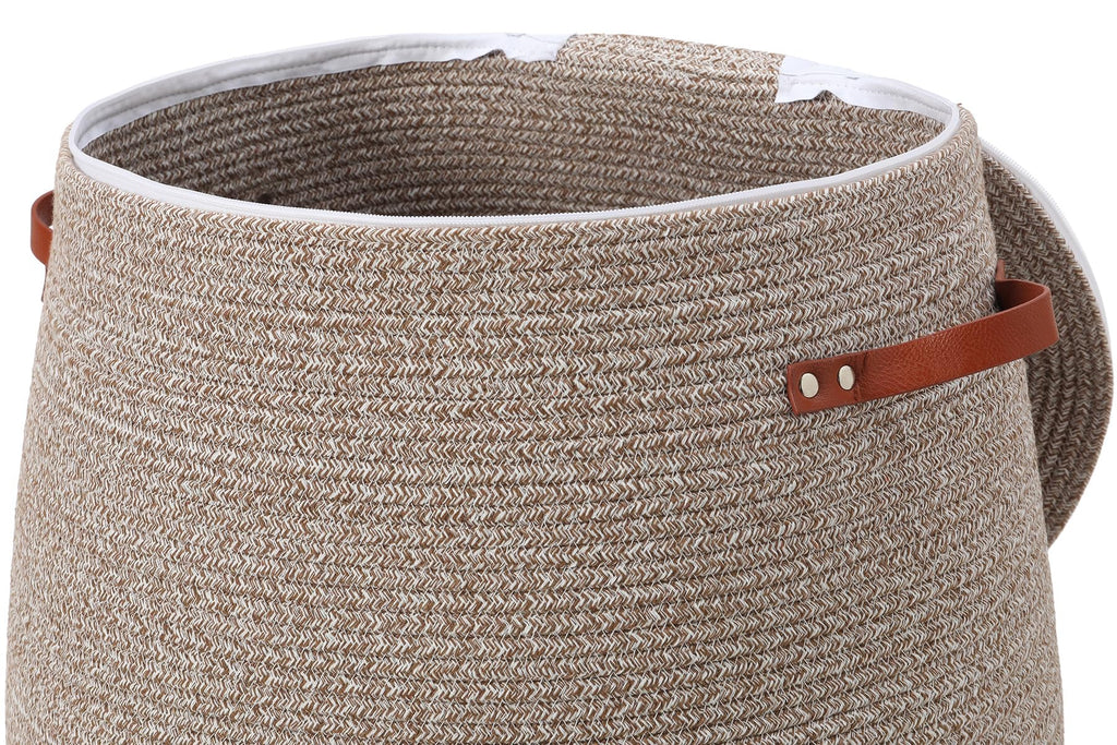 26"x20" Extra Large Tall Woven Laundry Basket with Lid, Cotton Rope Blanket Storage Basket, Freestanding Decorative Bin for Bedroom Living Room, Camel & White Mix