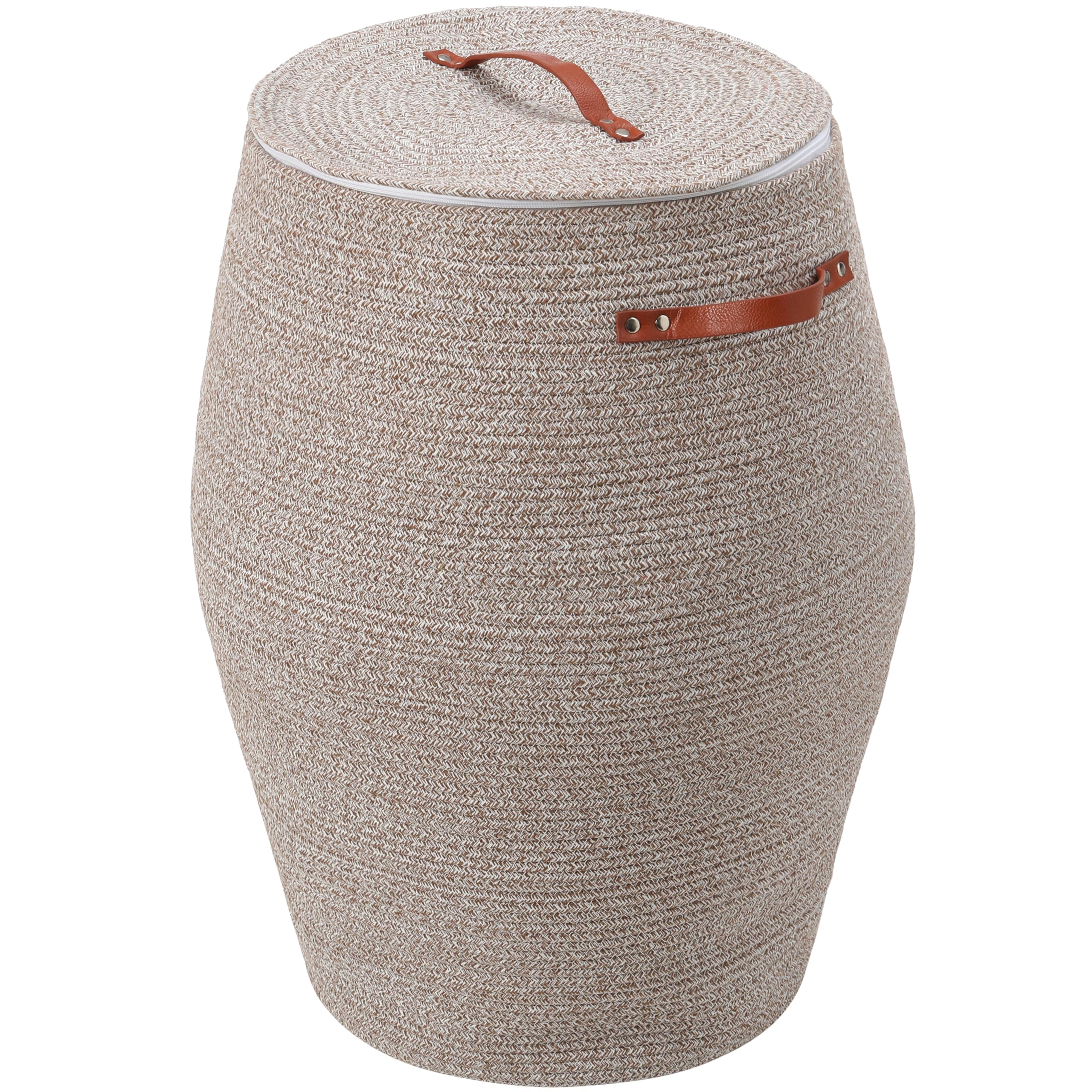 26"x20" Extra Large Tall Woven Laundry Basket with Lid, Cotton Rope Blanket Storage Basket, Freestanding Decorative Bin for Bedroom Living Room, Camel & White Mix