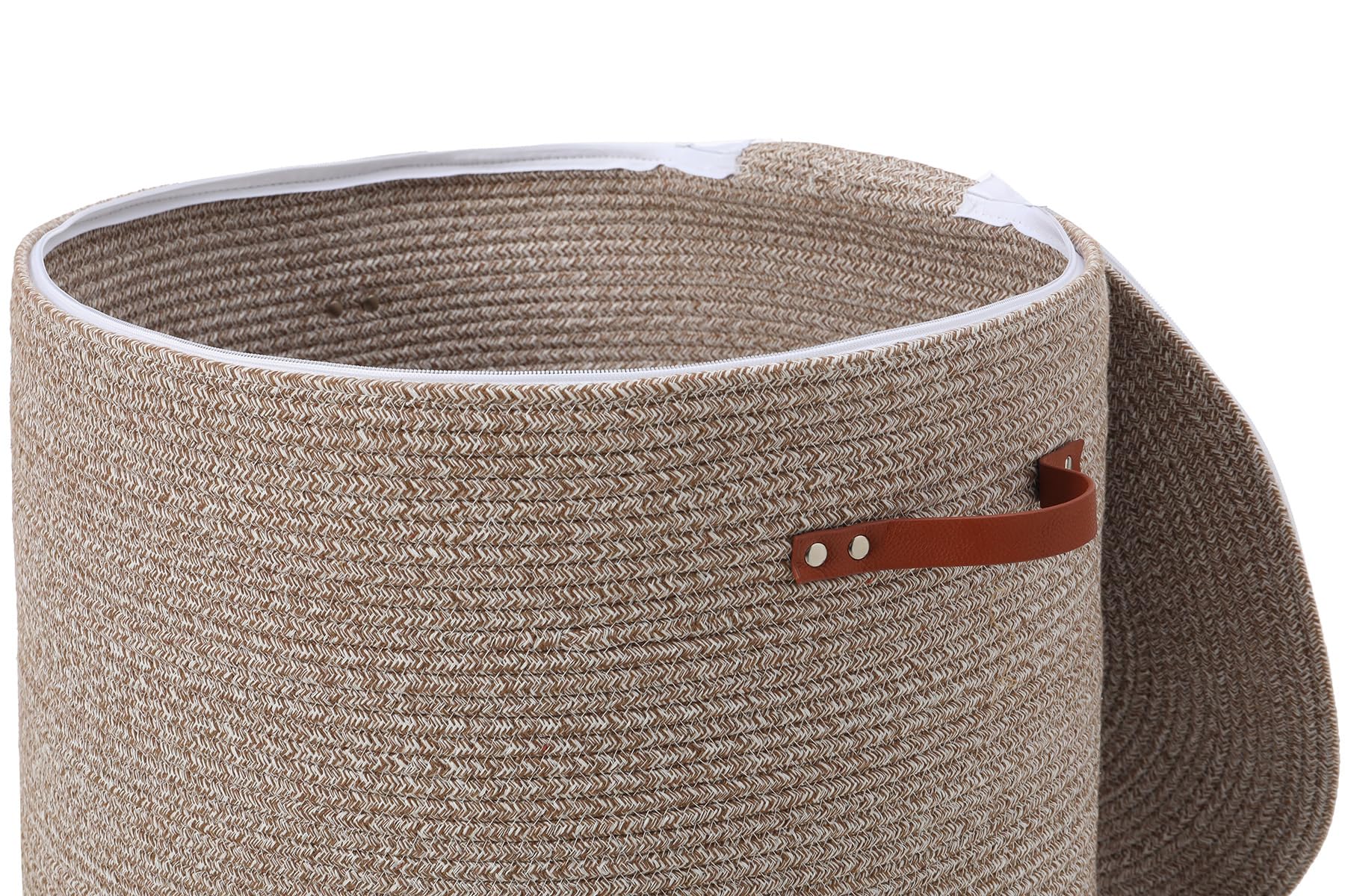 20x15 Inch Extra Large Round Cotton Rope Basket with Zipper Lid, Decorative Woven Storage Bin for Living Room Bedroom Closet, Camel & White Mix