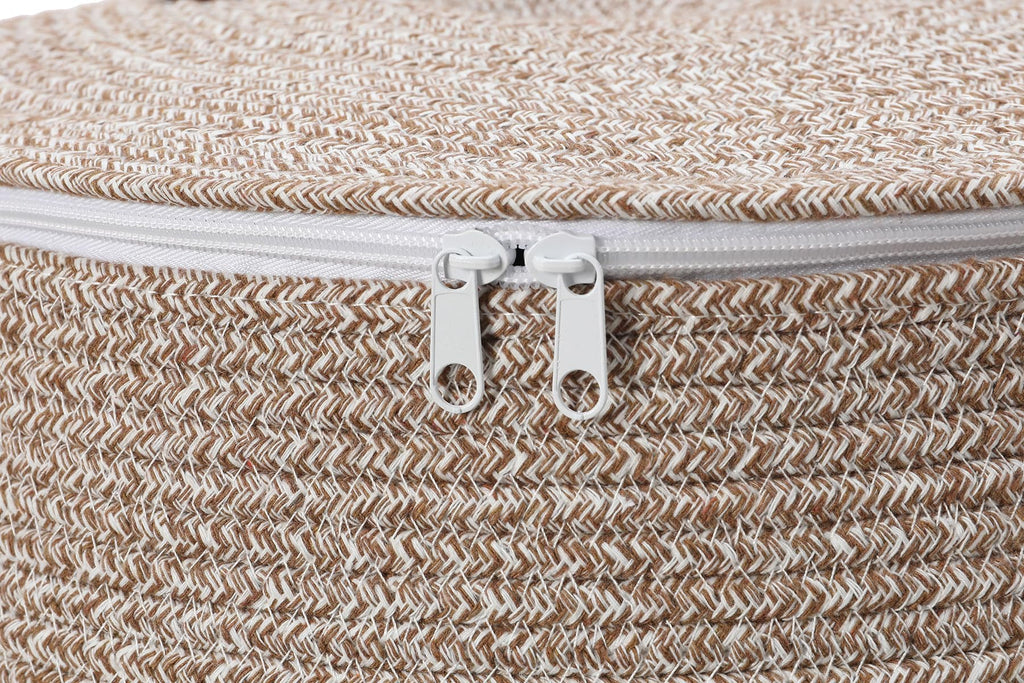26"x20" Extra Large Tall Woven Laundry Basket with Lid, Cotton Rope Blanket Storage Basket, Freestanding Decorative Bin for Bedroom Living Room, Camel & White Mix