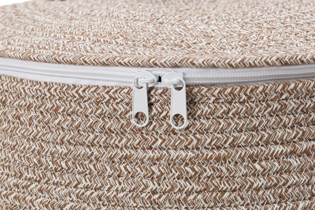 26"x20" Extra Large Tall Woven Laundry Basket with Lid, Cotton Rope Blanket Storage Basket, Freestanding Decorative Bin for Bedroom Living Room, Camel & White Mix