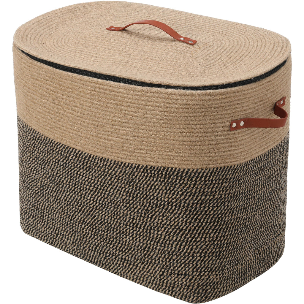 22x14x18 Inch Extra Large Rectangular Cotton Rope Basket with Zipper Lid, Decorative Blanket Storage Chest for Living Room Bedroom, Jute & Black Mix