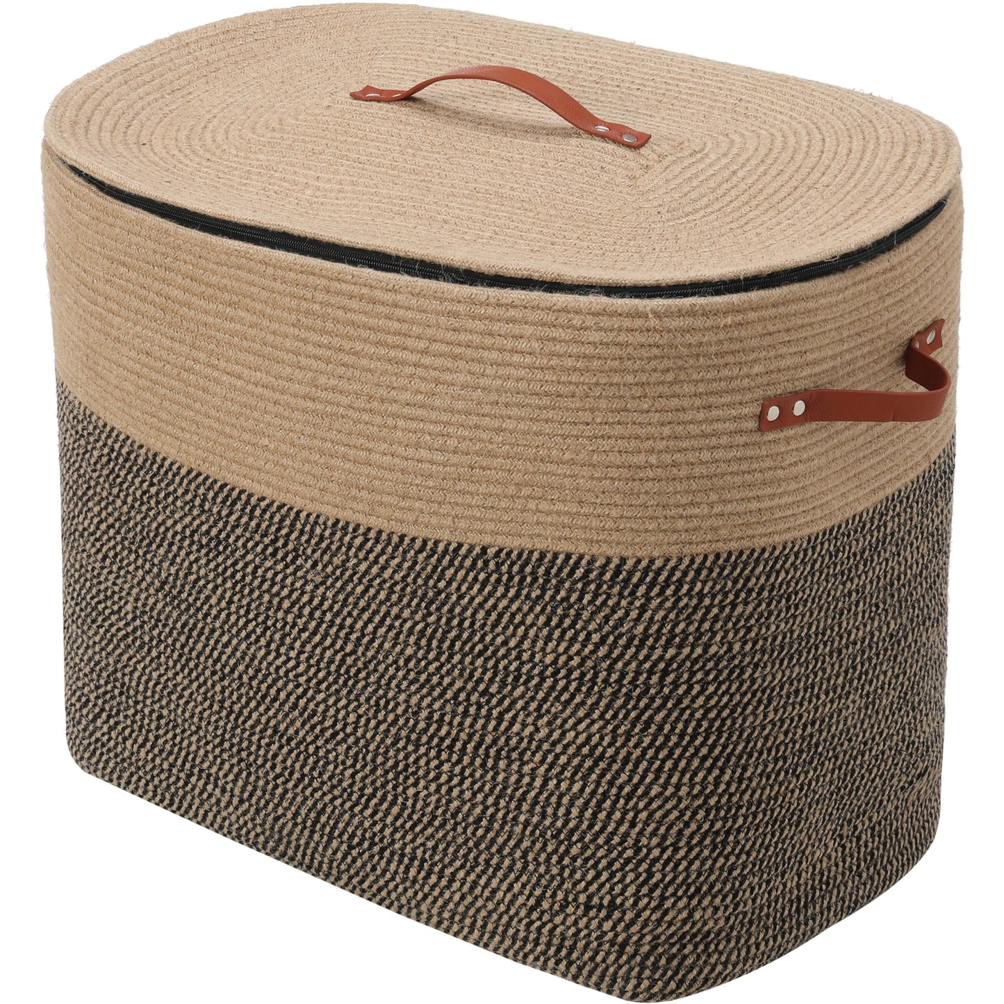 22x14x18 Inch Extra Large Rectangular Cotton Rope Basket with Zipper Lid, Decorative Blanket Storage Chest for Living Room Bedroom, Jute & Black Mix