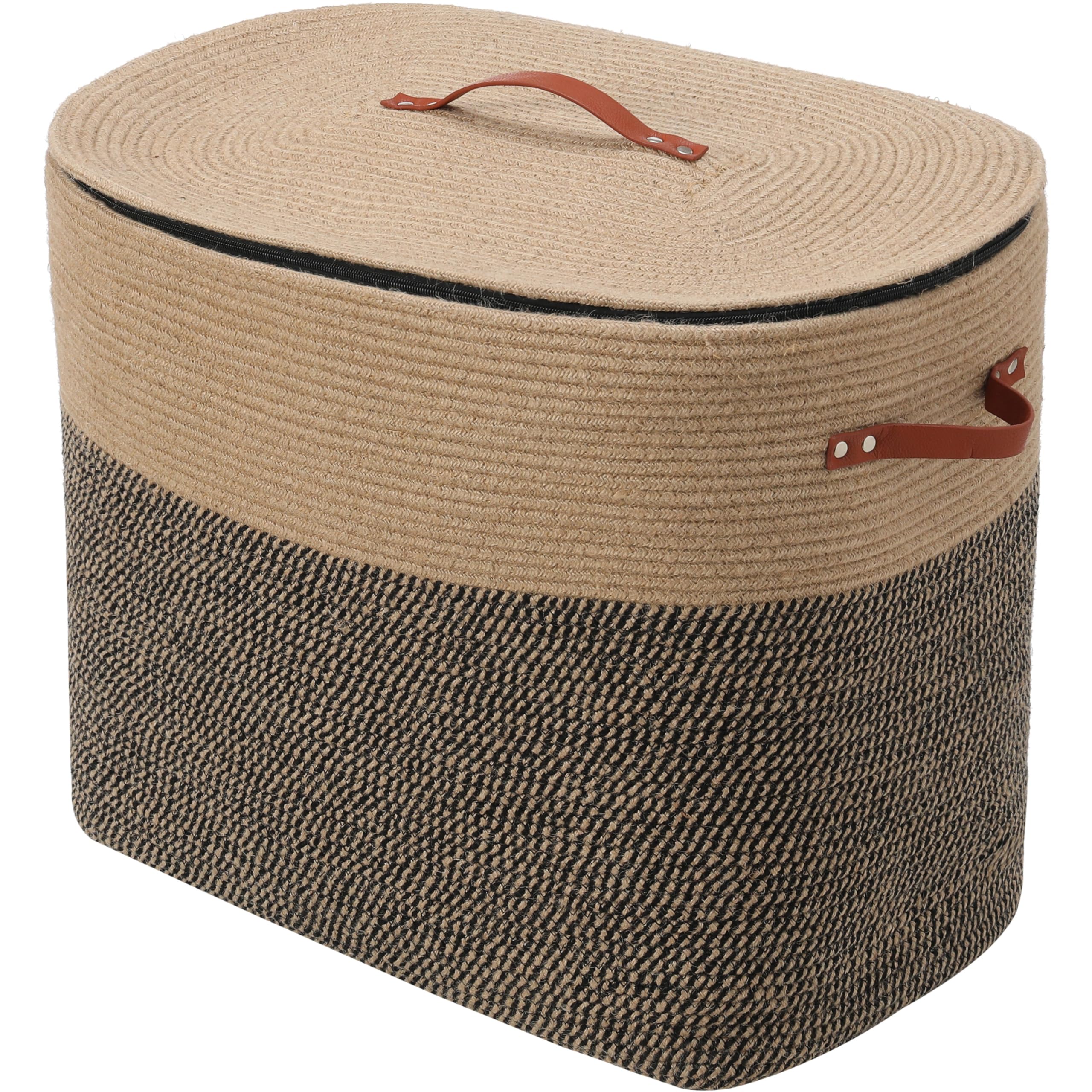 22x14x18 Inch Extra Large Rectangular Cotton Rope Basket with Zipper Lid, Decorative Blanket Storage Chest for Living Room Bedroom, Jute & Black Mix