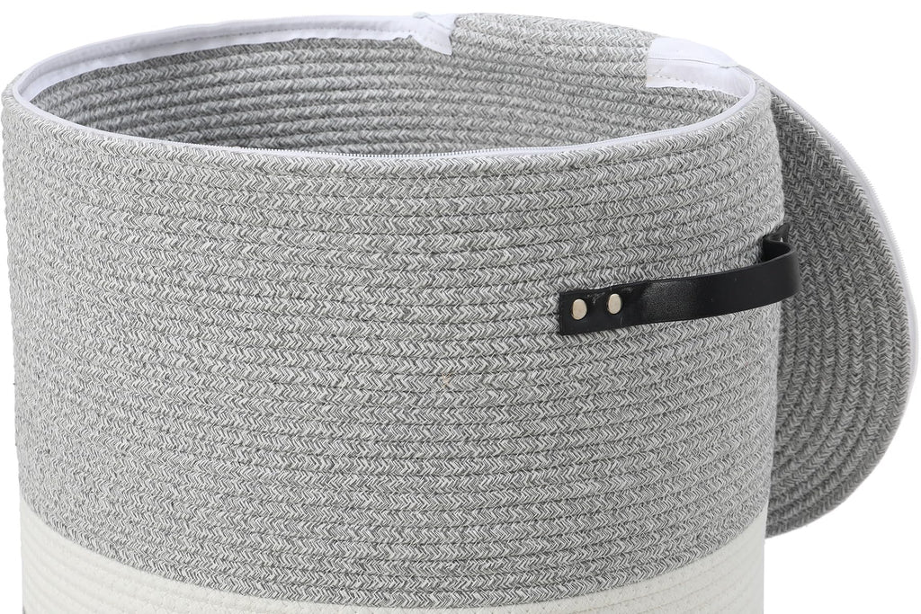 16"x20" Extra Large Cotton Rope Basket with Zipper Lid, Woven Laundry Hamper and Blanket Storage Basket, Round Clothes Bin for Living Room Bedroom, Dual Grey