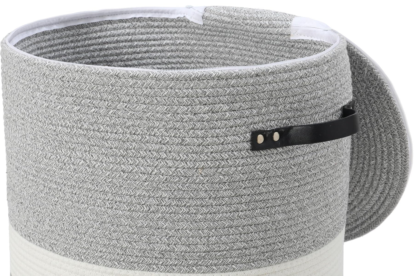 16"x20" Extra Large Cotton Rope Basket with Zipper Lid, Woven Laundry Hamper and Blanket Storage Basket, Round Clothes Bin for Living Room Bedroom, Dual Grey