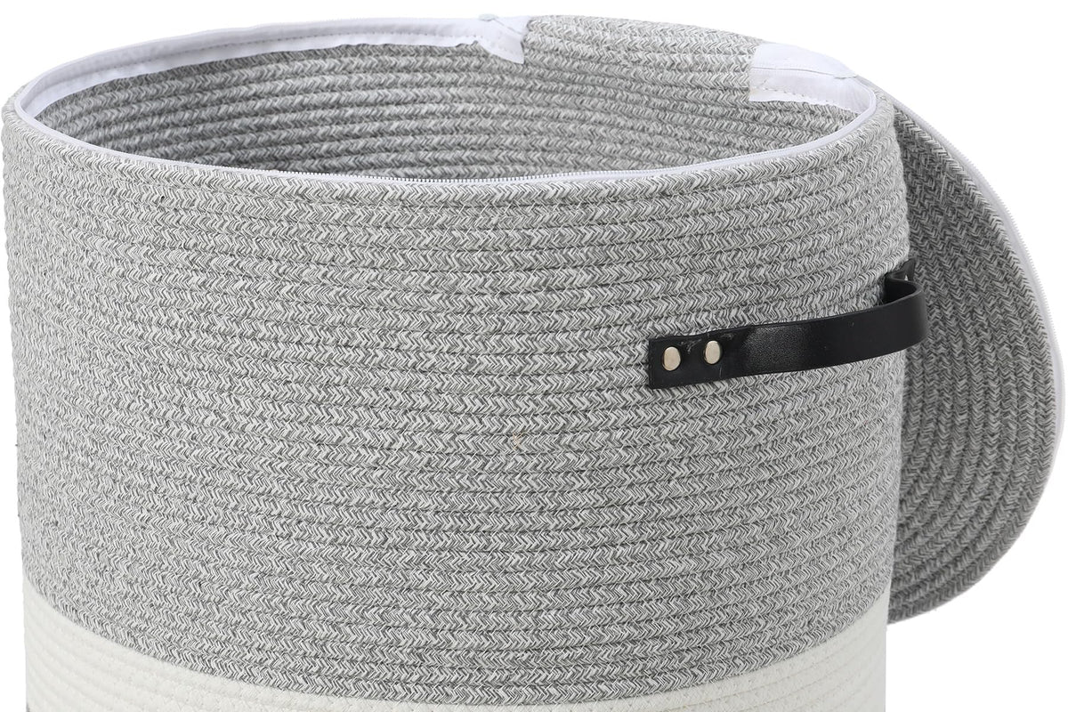 16"x20" Extra Large Cotton Rope Basket with Zipper Lid, Woven Laundry Hamper and Blanket Storage Basket, Round Clothes Bin for Living Room Bedroom, Dual Grey