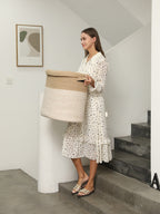 22”x14”x18” Rectangular Extra Large Storage Basket with Lid, Cotton Rope Storage Baskets, Woven Laundry Hamper, Jute/White Mix with Cover